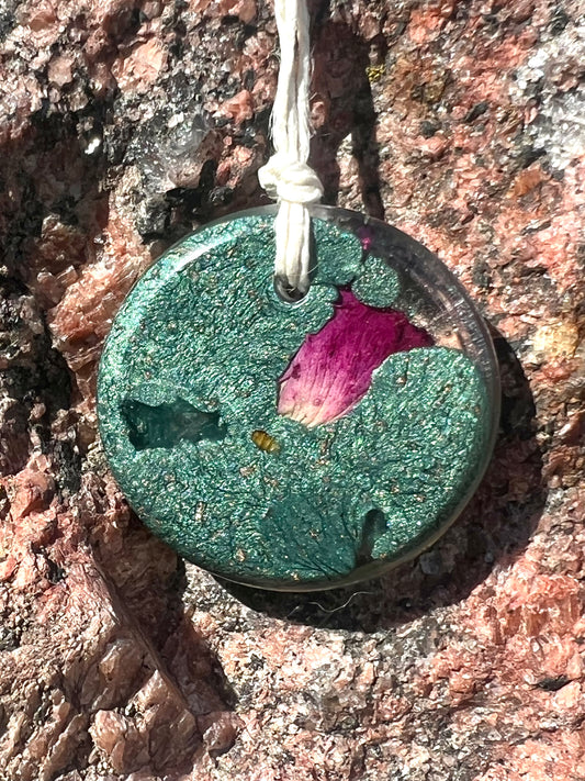 AQUA FLOWER TORUS PENDANT Copper, Magnetic sand, & Quartz, Magic Mix Mini-Torus Pendant of Copper Zinc and Iron Orgone