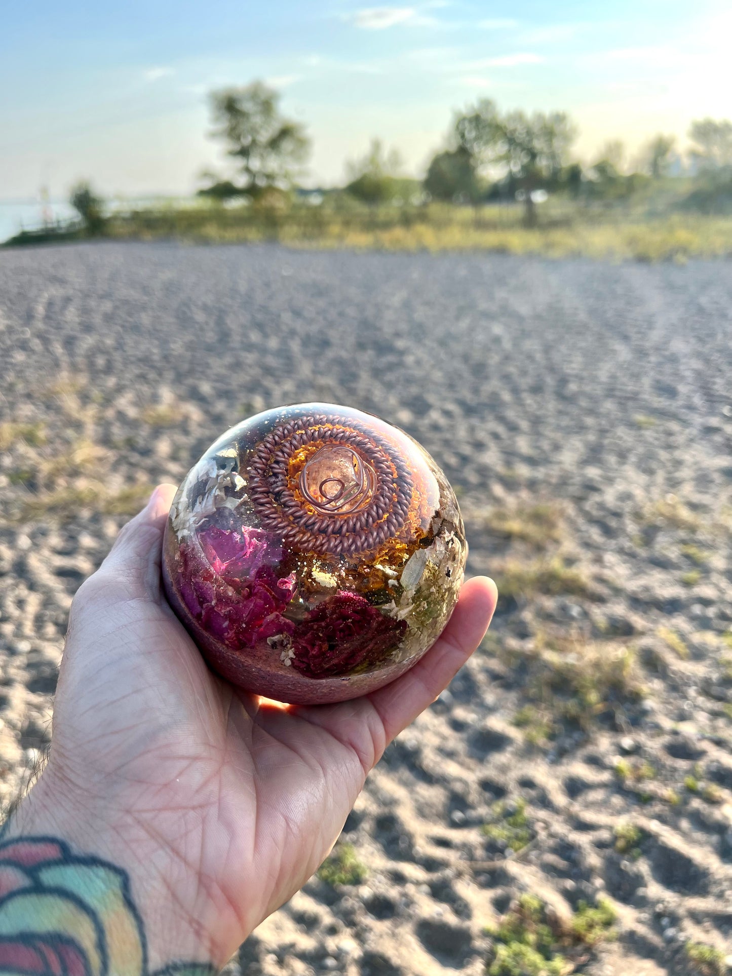 FIREFLOWER SPHERE Quartz Copper Magic Mix Tensor Earth Frequency Sphere with Crown Chakra Balancing Minerals