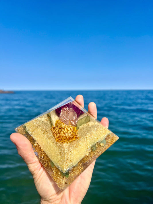 TWIN ROSE Copper Wrapped Quartz Magic Mix Earth Frequency Orgone Giza 8-Side Pyramid with Extra Crown Chakra Balancing Minerals