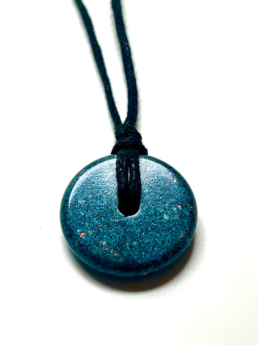 DEEP BLUE MINI-TORUS PENDANT (Brass) Copper, Magnetic sand, & Quartz, Magic Mix Mini-Torus Pendant of Copper Zinc and Iron Orgone