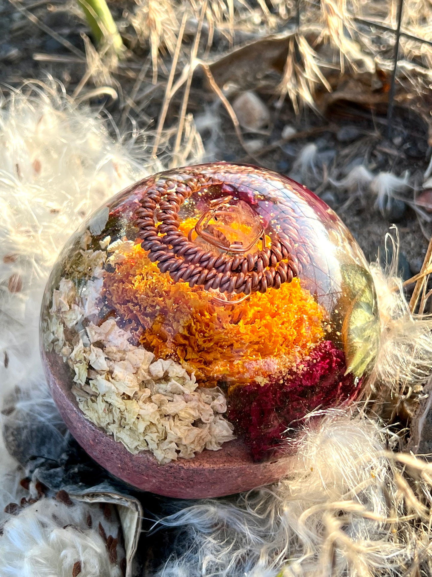 FIREFLOWER SPHERE Quartz Copper Magic Mix Tensor Earth Frequency Sphere with Crown Chakra Balancing Minerals