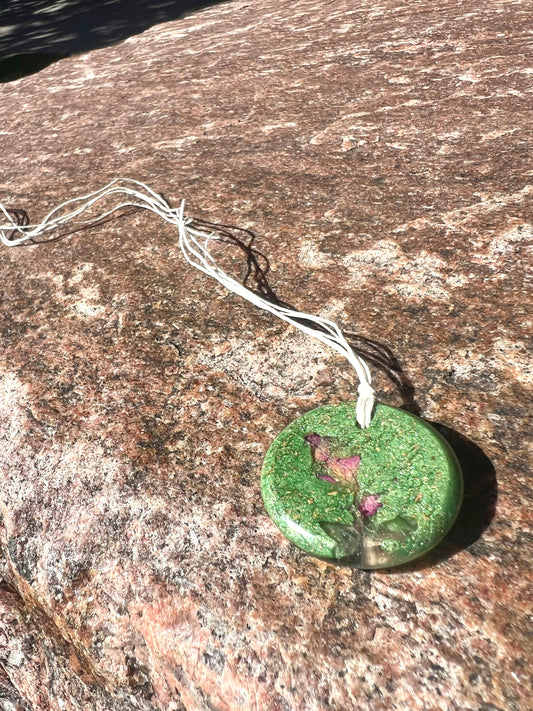 LIME FLOWER  TORUS PENDANT Copper, Magnetic sand, & Quartz, Magic Mix Mini-Torus Pendant of Copper Zinc and Iron Orgone