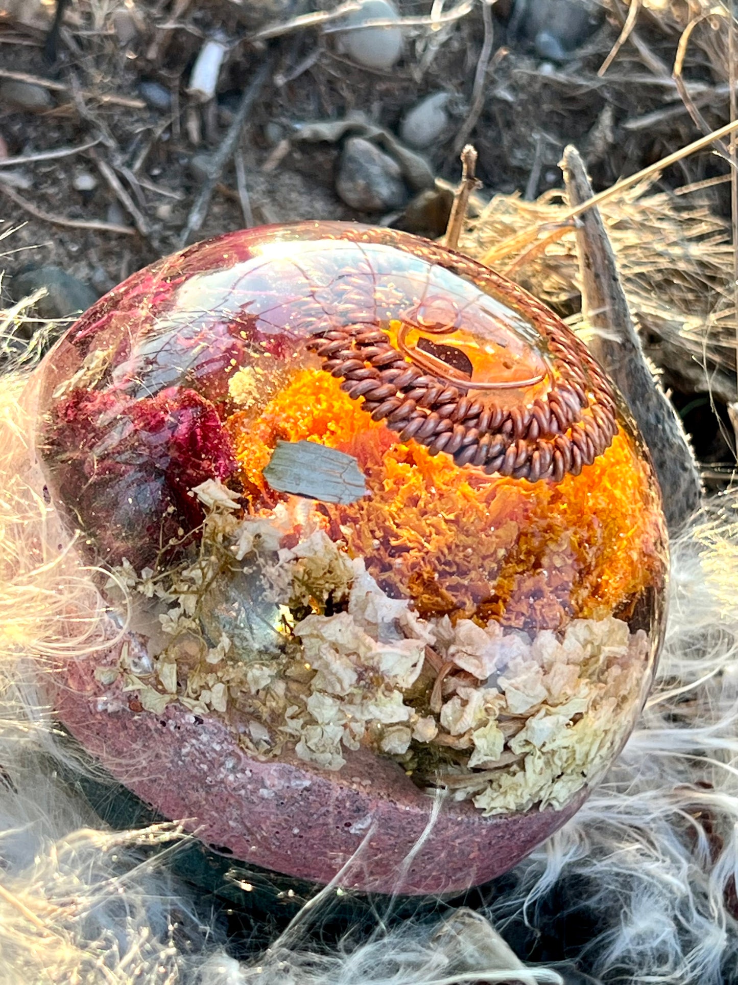 FIREFLOWER SPHERE Quartz Copper Magic Mix Tensor Earth Frequency Sphere with Crown Chakra Balancing Minerals